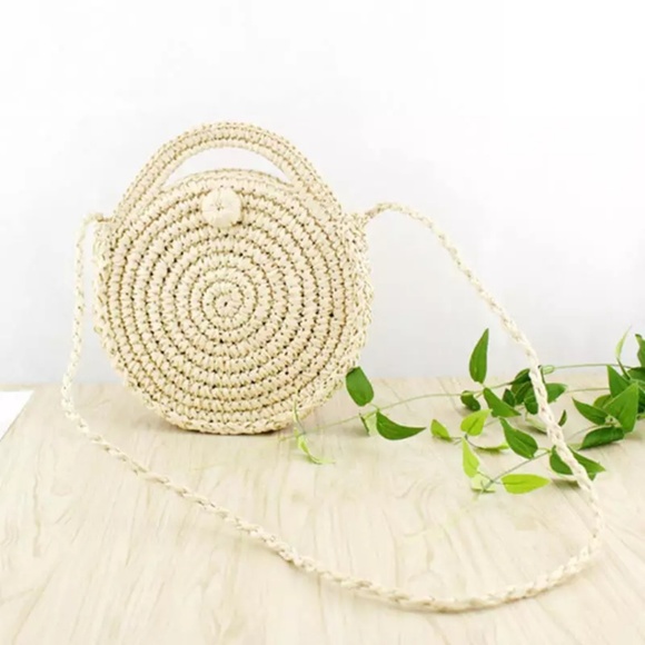 Hand Woven Rattan Straw Round Crossbody Bag - Picture 2 of 8